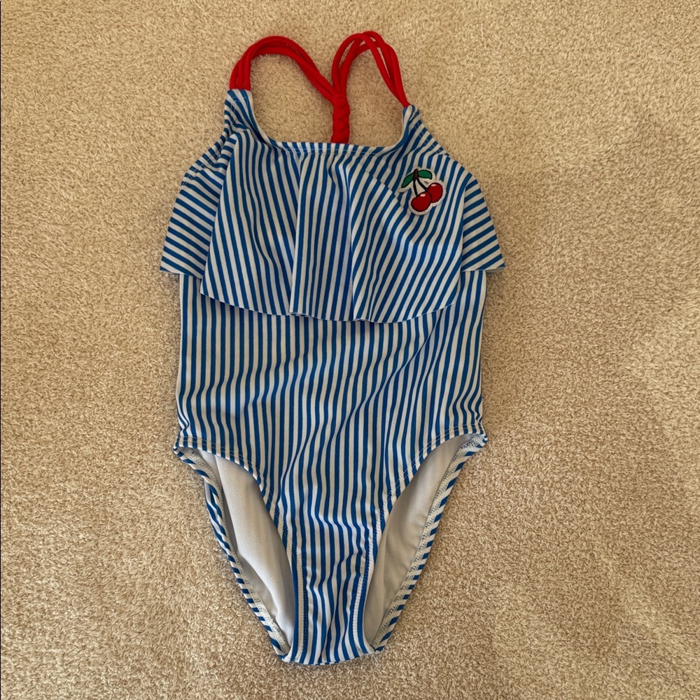 Cat & Jack Blue Striped One Piece with Red Cherry Accent